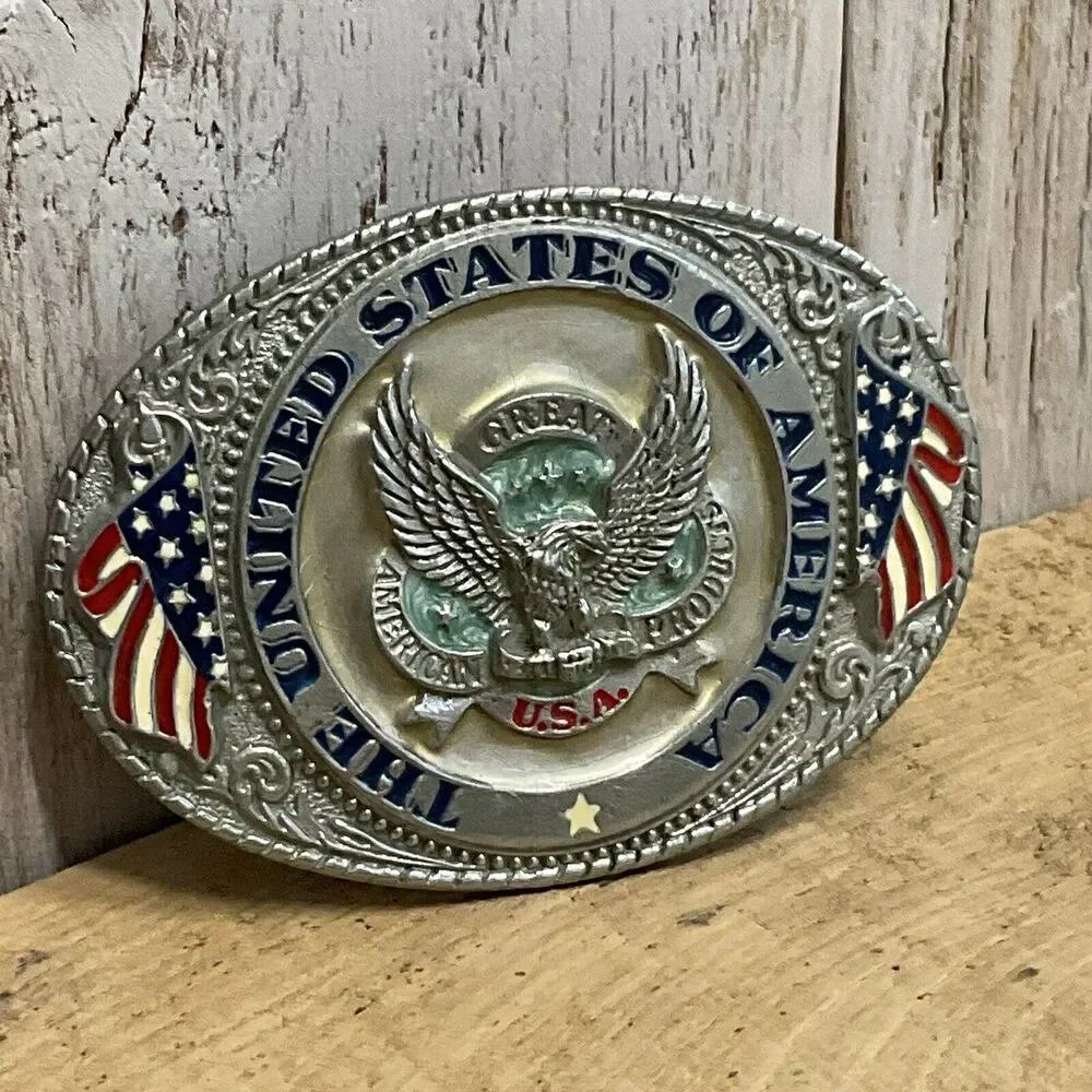 The‎ United States of America Belt Buckle 1986 Mens Patriotic Goldtone Center